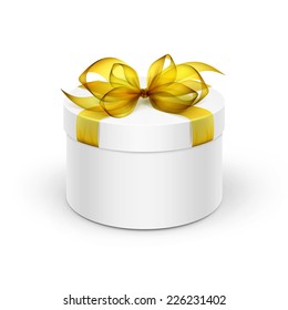 White Round Gift Box with Yellow Ribbon and Bow Isolated on Background