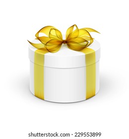 White Round Gift Box with Yellow Ribbon and Bow Isolated on Background