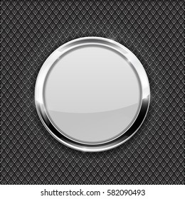White round glass button on perforated background. Diamond shape holes. Vector 3d illustration.