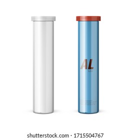 White Round Glossy Aluminum Tube With Cap For Pills. EPS10 Vector