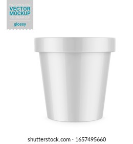 White round glossy ice cream cup. Photo-realistic packaging mockup template. Vector 3d illustration.