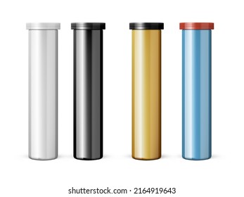 White Round Glossy Metal Tube With Cap For Pills. EPS10 Vector