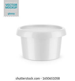 White round glossy plastic container for dairy products - spread, soft cheese, cream. High-angle shot. Photo-realistic packaging mockup template. Vector 3d illustration.