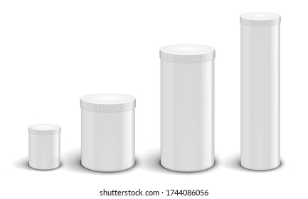 White Round Glossy Plastic Tube With Cap For Pills. EPS10 Vector