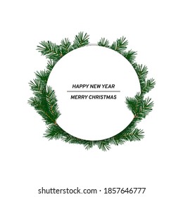 White round greeting card framed by branches of a Christmas tree. Vector realistic illustration, blank, basis for congratulations on the new year, merry christmas, isolated on white background, eps 10