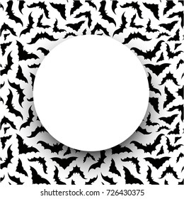 White round halloween background with black bats pattern. Vector illustration.