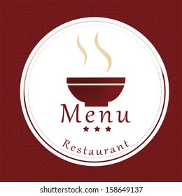 a white round icon with a mug of coffee with steam and some text for menu design