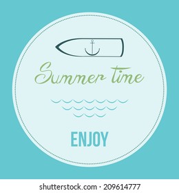 a white round icon with some text and a surfboard with an anchor