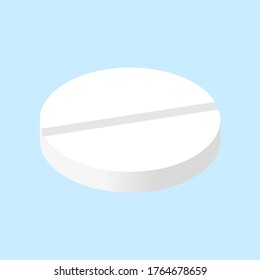 White round isometric pill on blue background. Vector illustration. Vector isometric tablet. Medical pill