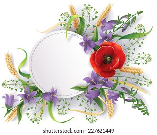 White round label decorated with bouquet of wild flowers, bluebells, ears and poppy.