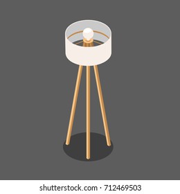 white round lamp on the long wooden legs. fashionable floor lamp with one bulb. vector illustration of an isometric view, in isolation from the background.