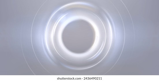 White round light effect on gray background. Vector realistic illustration of abstract glowing frame with neon rings, magic energy portal with hole at bottom, sun eclipse, futuristic backdrop design