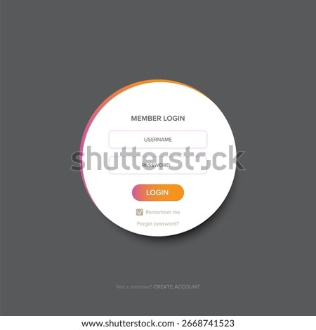 White round Login form web page design template or mock up. Mobile website ui vector elements set.