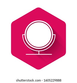 White Round makeup mirror icon isolated with long shadow. Pink hexagon button. Vector Illustration