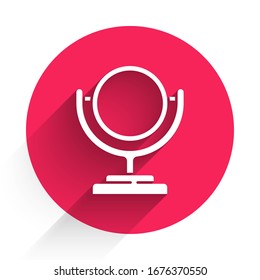 White Round makeup mirror icon isolated with long shadow. Red circle button. Vector Illustration