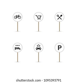 White Round Map Pins with Simple Icons. Bike Path, Cart, Food. Hotel, Car Wash, Parking. Vector Illustration