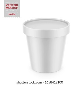 White round matte ice cream cup. Photo-realistic packaging mockup template. High-angle shot. Vector 3d illustration.