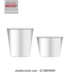 White round matte ice cream cup. Photo-realistic packaging mockup template with sample design. Vector 3d illustration. White round metallic ice cream cup. Photo-realistic packaging mockup template 