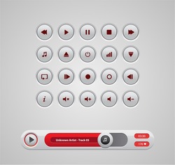 White Round Media Player Buttons And Red Audio Player Isolated On Background
