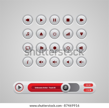 White round media player buttons and red audio player isolated on background