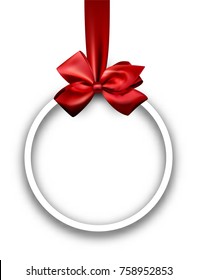 Weißer, runder Neujahrshintergrund mit roter Satin-Schleife. Vektorgrafik.