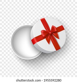 White round open gift box with red bow on transparent background. Package with ribbon. Vector illustration.