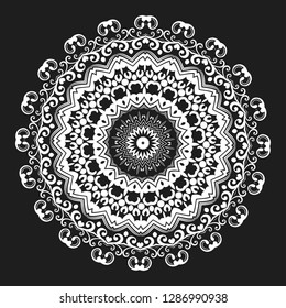 White round ornament mandala, vector illustration on black background. Can be used for coloring book, greeting card, phone case print, etc. Islam, Arabic, Pakistan, Moroccan, Turkish motifs.