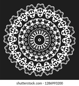 White round ornament mandala, vector illustration on black background. Can be used for coloring book, greeting card, phone case print, etc. Islam, Arabic, Pakistan, Moroccan, Turkish motifs.