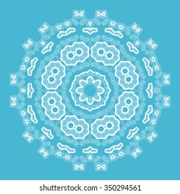 White round ornament on blue background. Mandala. Vector art