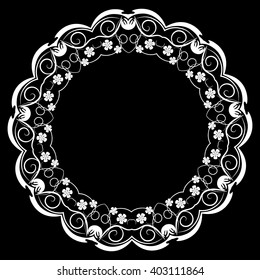 White Round Ornament Pattern Isolated On Black Background. Flourish Design For Invitations And Greeting Cards. Mandala. Place For Text. Vector Illustration.