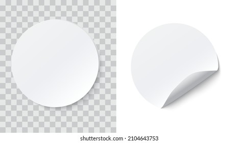 White round paper adhesive sticker with curved edge isolated on white and transparent background