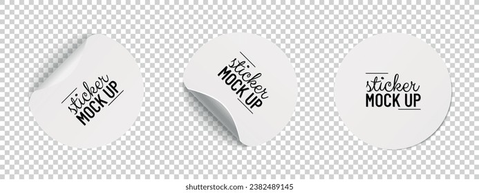 White Round Paper Adhesive Stickers Mock Up With Curved Corner And Shadow - Vector Illustrations Isolated On Transparent Background