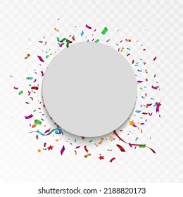 White round paper banner with colorful confetti. For invitation and greeting cards.