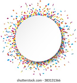 White round paper banner with colorful confetti. Vector illustration.