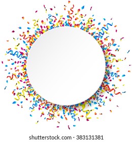 White round paper banner with colorful ribbons and confetti. Vector illustration.