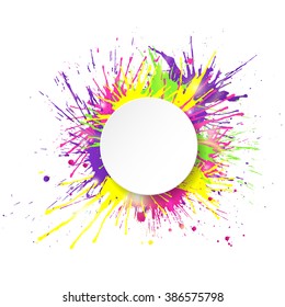 White round paper banner on colorful paint splashes background. Vector illustration.