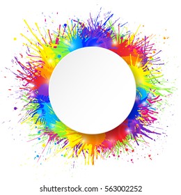 White round paper banner on vivid and colorful paint splashes background. Vector illustration.