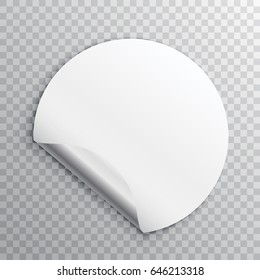 White round paper sticker with edge curl isolated on a transparent background