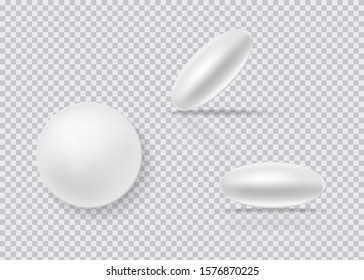 White round pills on transparent background. Vector illustration with shadow and reflect