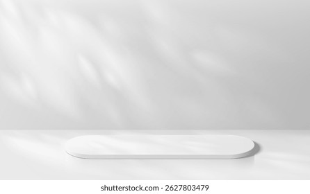 White round podium background in 3D room with nature lighting. Abstract geometric composition in minimalist design. Studio display showroom stand product pedestal, Fashion stage showcase mockup scene.