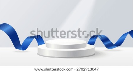 White round podium background with flowing blue silk ribbon 
