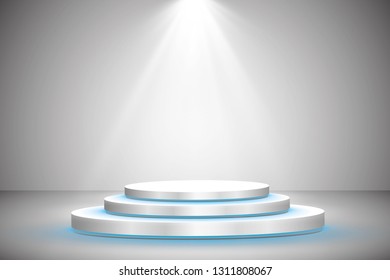 
White round podium with blue backlight on a gray background, spotlight. Pedestal. Scene. Vector illustration