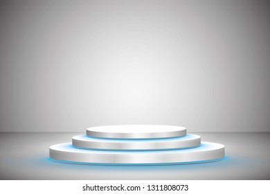 
White round podium with blue backlight on a gray background, spotlight. Pedestal. Scene. Vector illustration