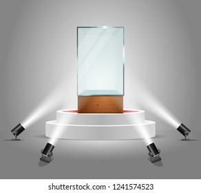 White Round Podium With Empty Glass Showcase Illuminated By Floor Spotlights. Vector Realistic Illustration. Display Case For Presentation Exhibition.