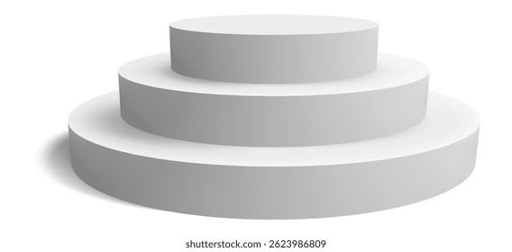 White round podium featuring three steps of decreasing size, casting soft shadows on a bright white background, creating an ideal setting for product placement and display