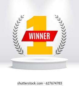 White round podium. First place. Laurel wreath. Pedestal. Vector illustration.