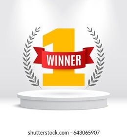 White round podium. First place. Pedestal. Red ribbon. Laurel wreath. Vector illustration.