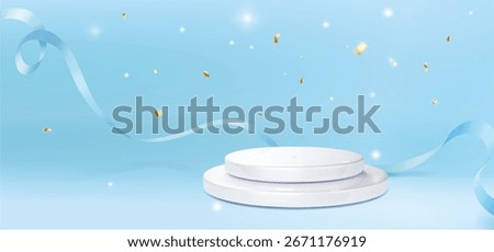 White round podium with flowing blue silk ribbon on pastel background with gold confetti and shining stars. White stage platform with shimmering gold particles. Vector 3d illustration.