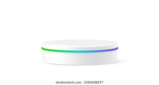 White round podium with glow neon line. Product display stand isolated on white background. Cosmetic showcase pedestal, platform, stage for product presentation. Realistic vector illustration.