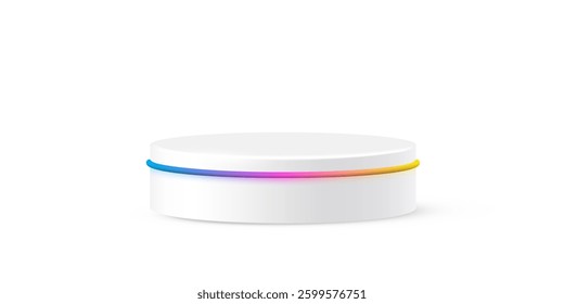 White round podium with glow neon line. Product display stand isolated on white background. Cosmetic showcase pedestal, platform, stage for product presentation. Realistic vector illustration.